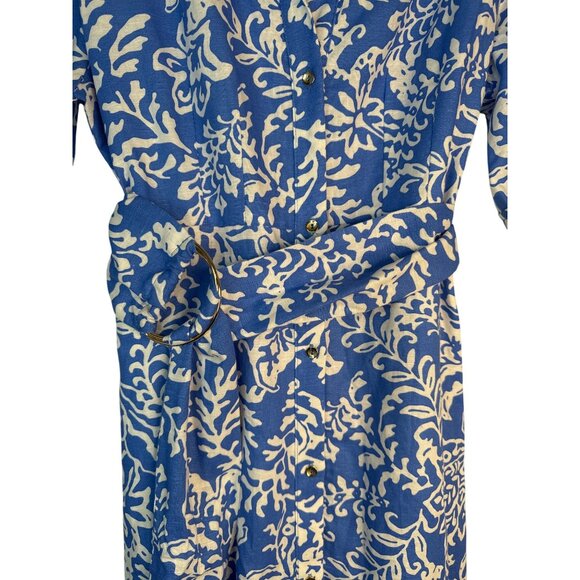 ZARA Large Blue & White Floral Belted Button-Down Midi Dress L Linen Blend Moroc - Picture 7 of 16